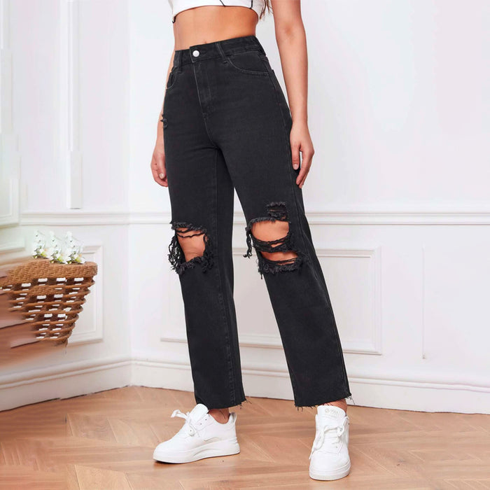 Ripped Raw Cut Straight Leg Jeans