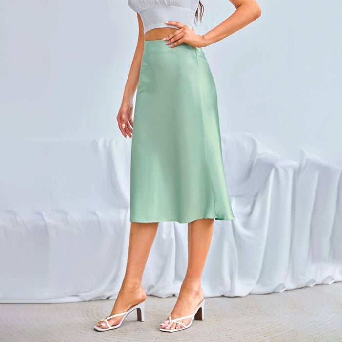 Zipper Side Solid Satin Skirt