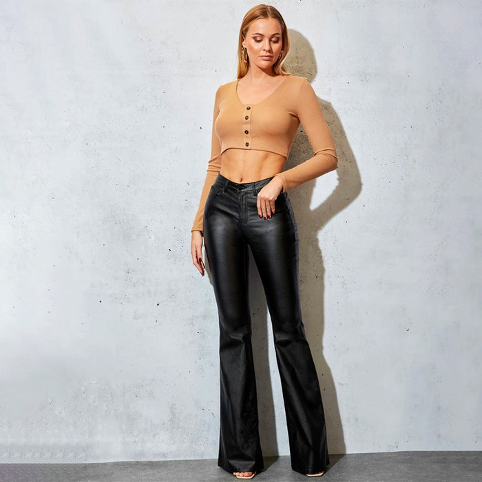 Leather Plain Zipper Fly Flare Leg Jeans