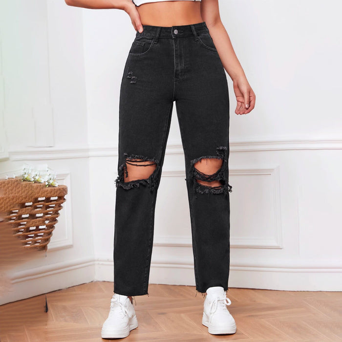 Ripped Raw Cut Straight Leg Jeans