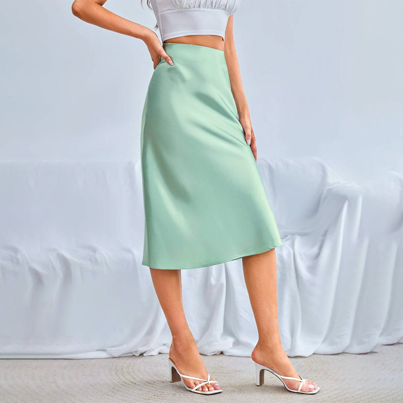 Zipper Side Solid Satin Skirt