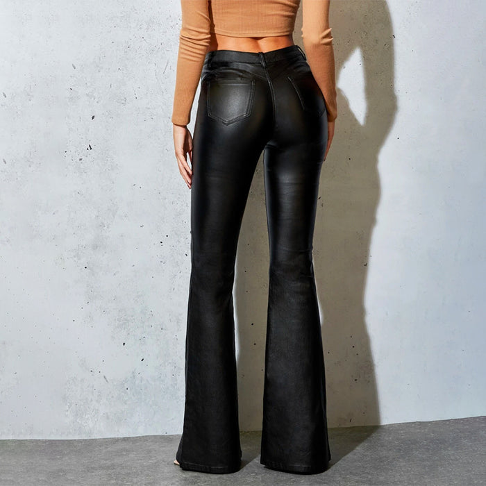 Leather Plain Zipper Fly Flare Leg Jeans