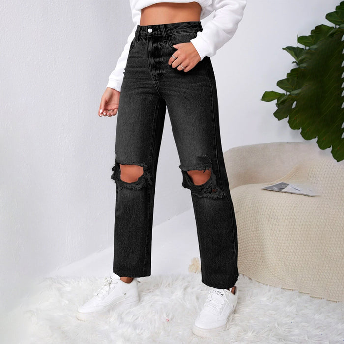 Ripped Raw Cut Straight Leg Jeans