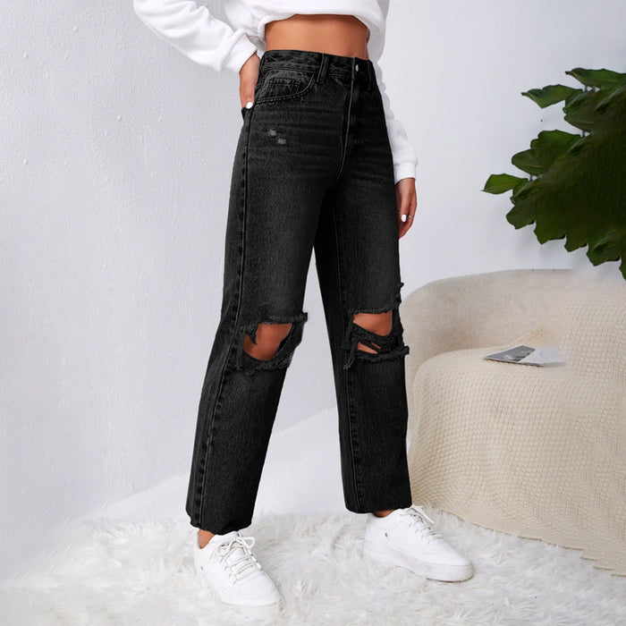 Ripped Raw Cut Straight Leg Jeans