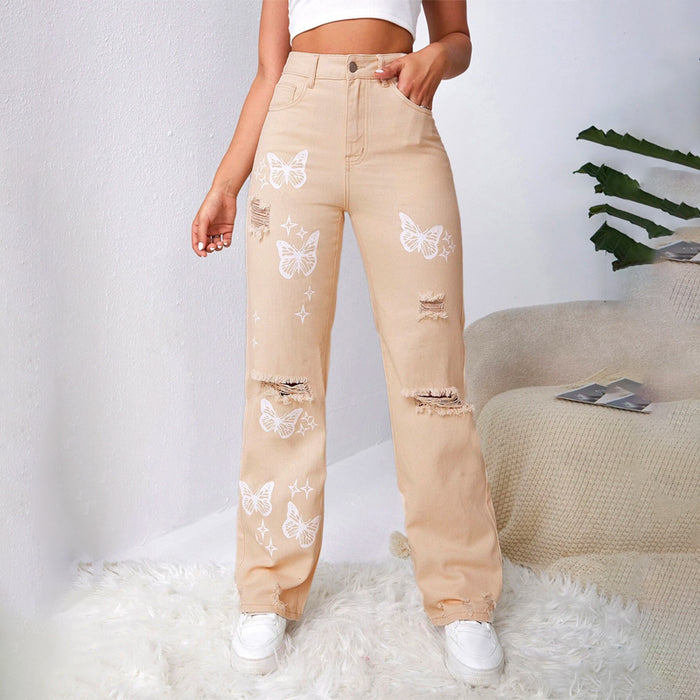 Bleach Wash Ripped Detail Butterfly Jeans