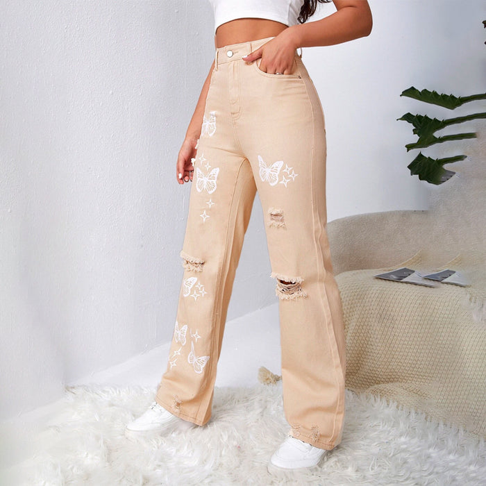 Bleach Wash Ripped Detail Butterfly Jeans