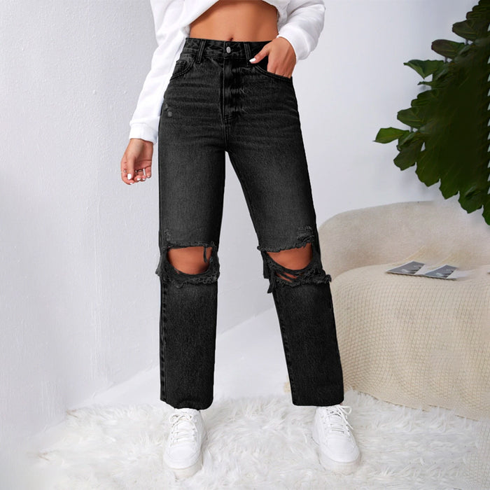 Ripped Raw Cut Straight Leg Jeans