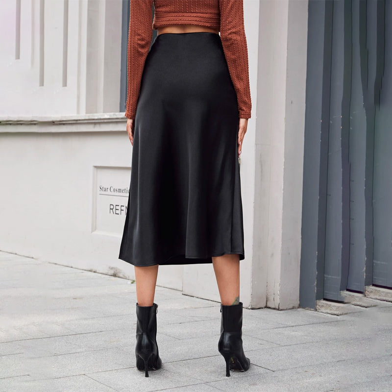 Zipper Side Solid Satin Skirt