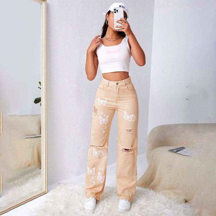 Bleach Wash Ripped Detail Butterfly Jeans