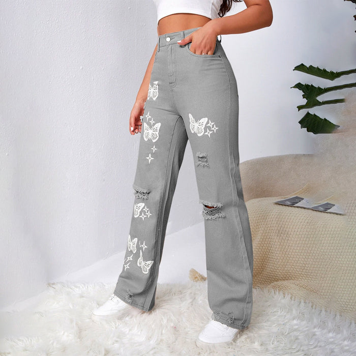 Bleach Wash Ripped Detail Butterfly Jeans