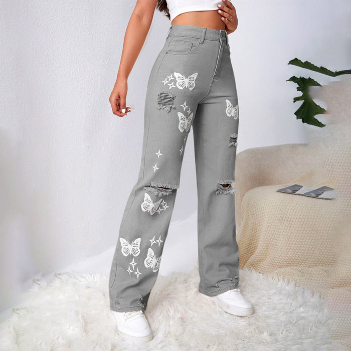 Bleach Wash Ripped Detail Butterfly Jeans