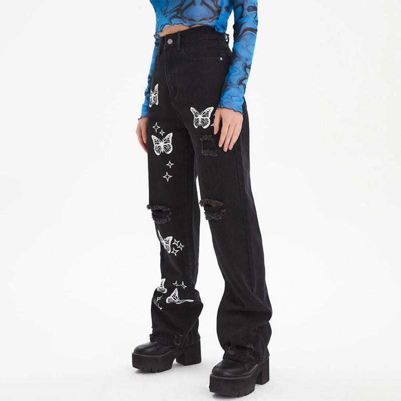 Bleach Wash Ripped Detail Butterfly Jeans