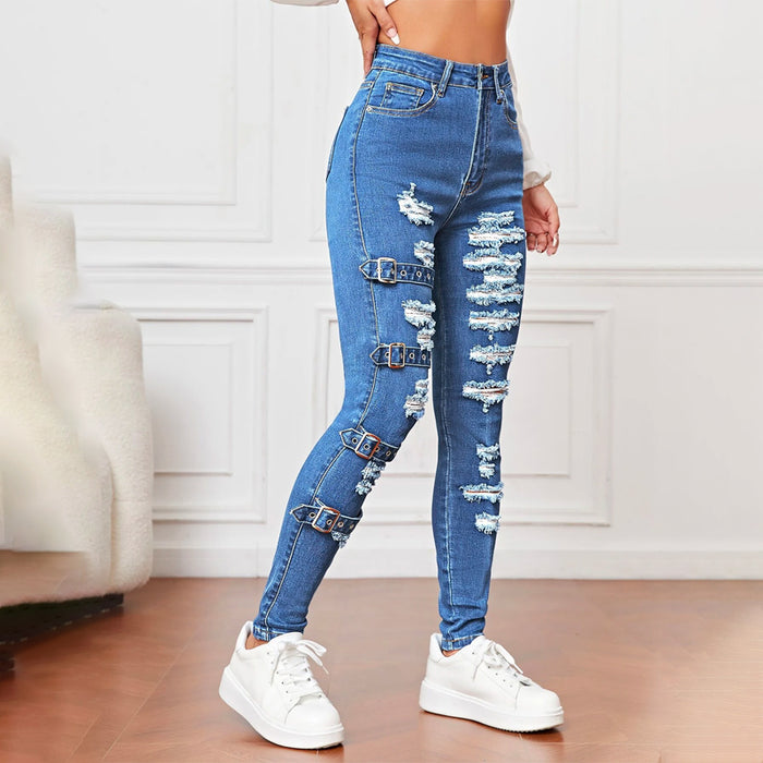 High Waist Ripped Eyelet Buckled Detail Skinny Jeans