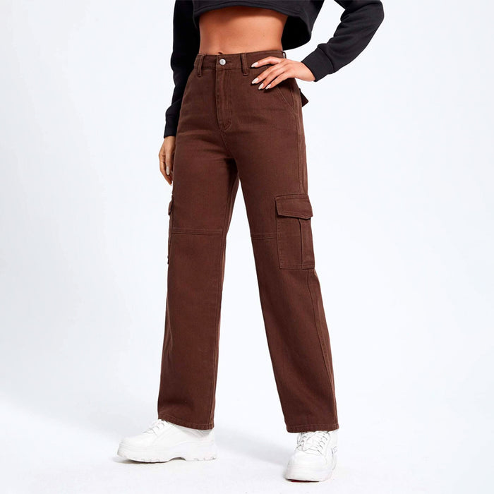 High Waist Flap Pockets Cargo Jeans