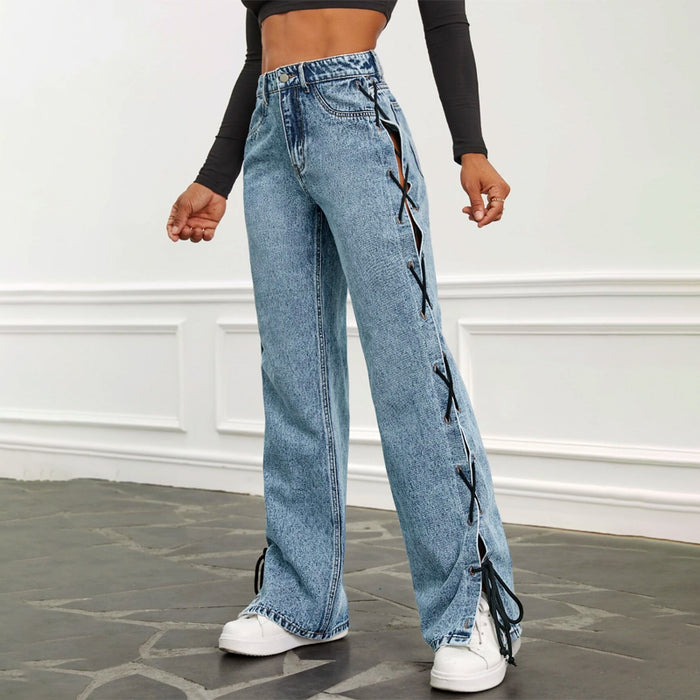 High Waist Lace Up Side Straight Leg Jeans