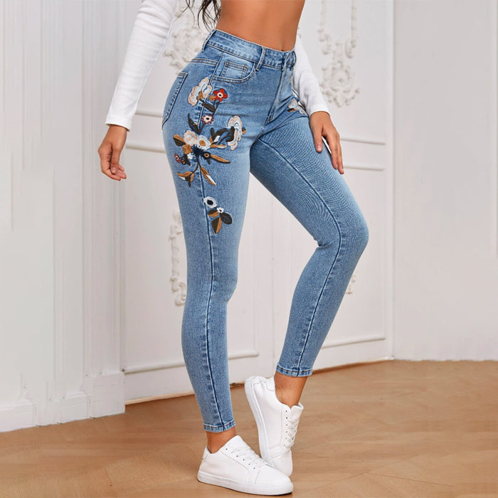 Floral Embroidery Skinny Jeans