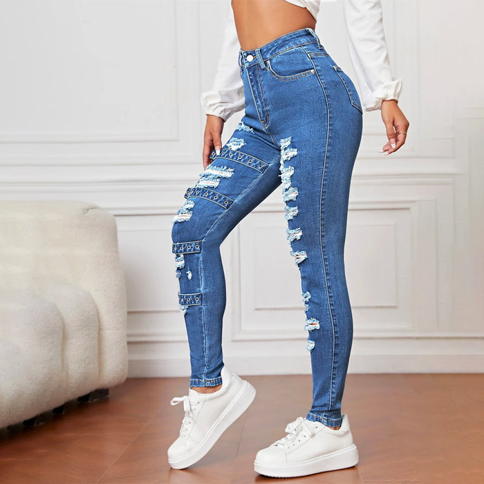 High Waist Ripped Eyelet Buckled Detail Skinny Jeans