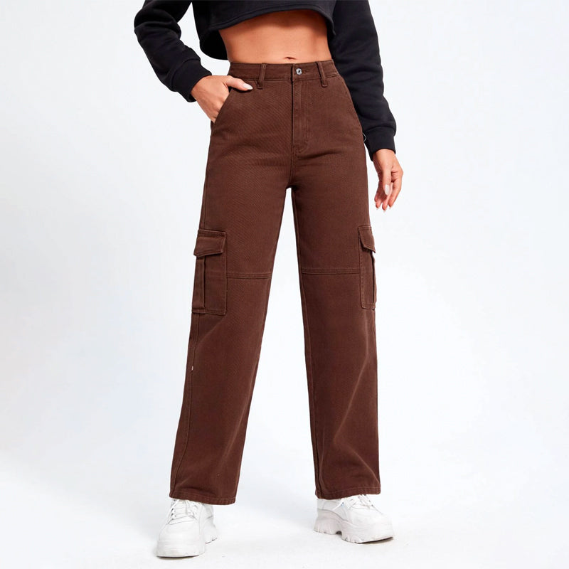 High Waist Flap Pockets Cargo Jeans