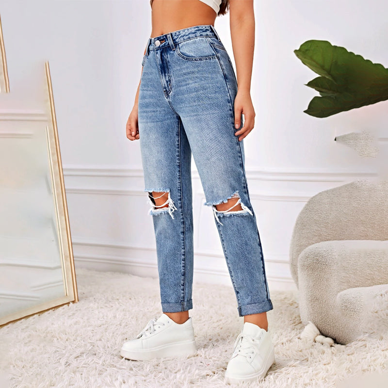 Zipper Fly Ripped Mom Fit Jeans
