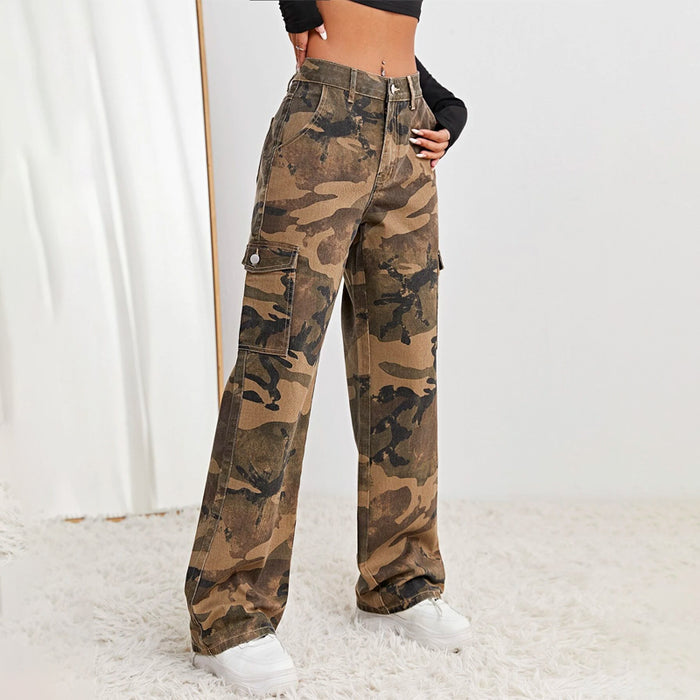 Camo Print Flap Pocket Cargo Denim Jeans