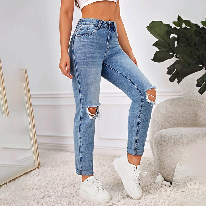 Zipper Fly Ripped Mom Fit Jeans