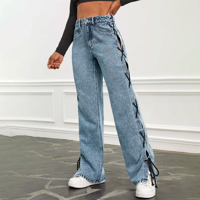 High Waist Lace Up Side Straight Leg Jeans