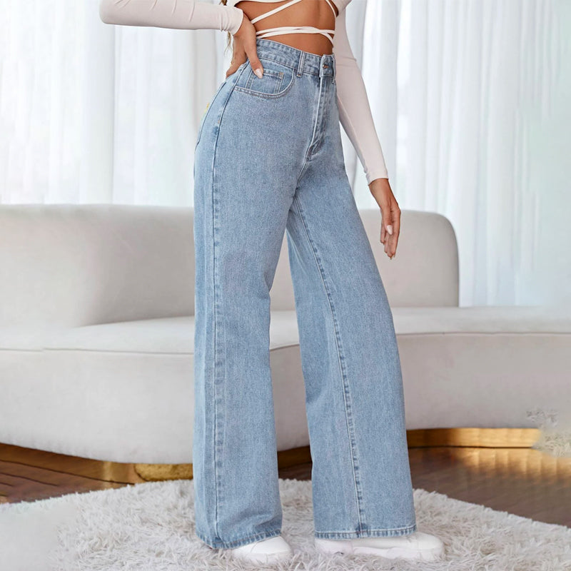 Floral Embroidery Wide Leg Jeans