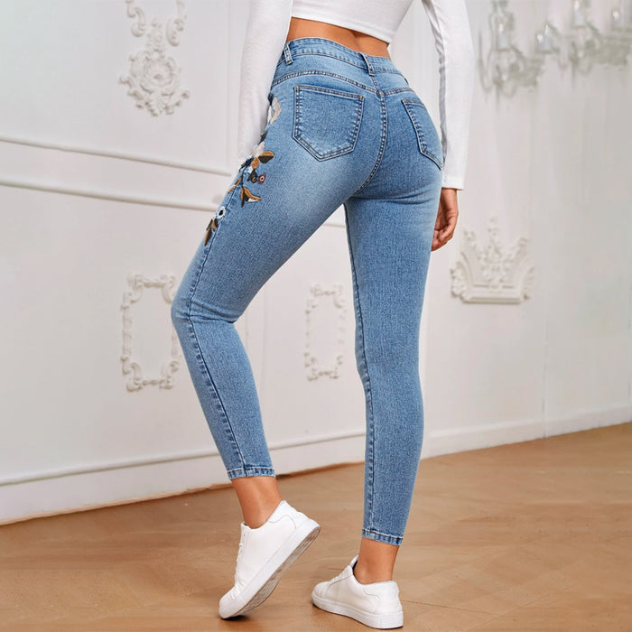 Floral Embroidery Skinny Jeans