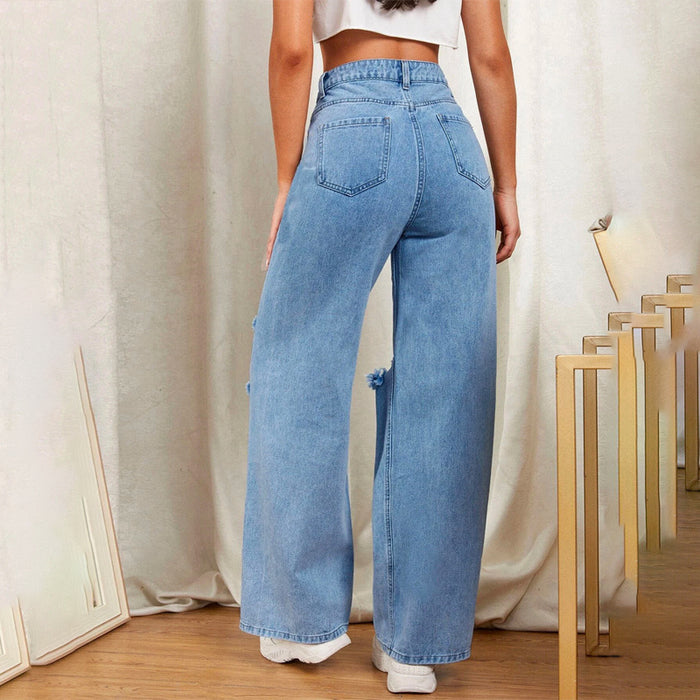 Zipper Fly Ripped Detail Wide Leg Jeans