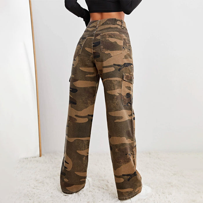 Camo Print Flap Pocket Cargo Denim Jeans