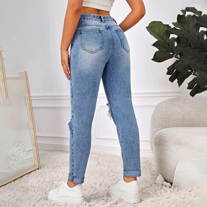 Zipper Fly Ripped Mom Fit Jeans