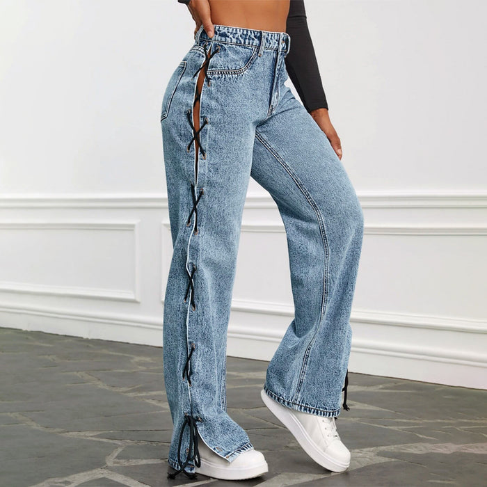 High Waist Lace Up Side Straight Leg Jeans