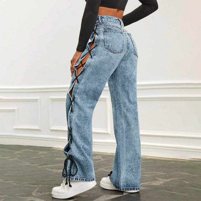 High Waist Lace Up Side Straight Leg Jeans