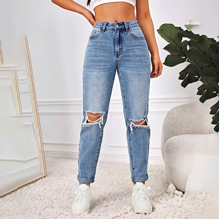 Zipper Fly Ripped Mom Fit Jeans