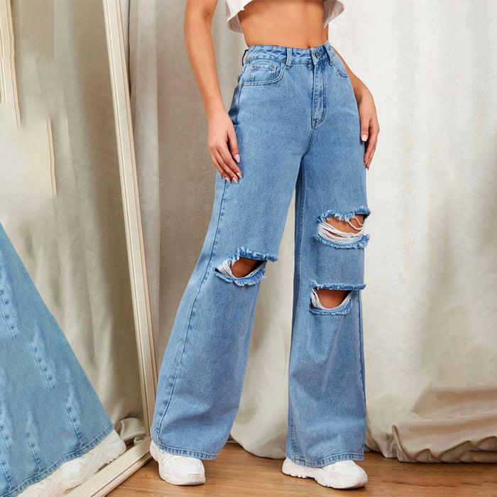 Zipper Fly Ripped Detail Wide Leg Jeans