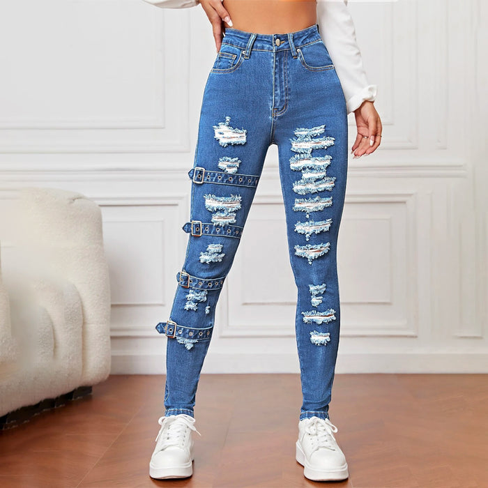 High Waist Ripped Eyelet Buckled Detail Skinny Jeans