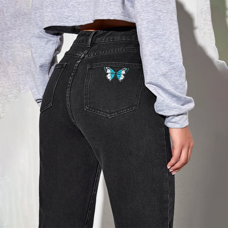 Butterfly Print Wide Leg Denim Jeans