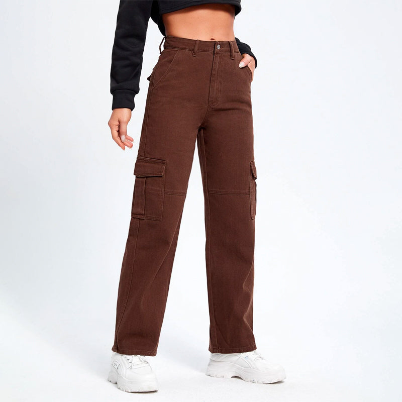 High Waist Flap Pockets Cargo Jeans