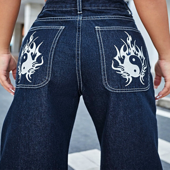 High Waist Yin & Yang Print Wide Jeans