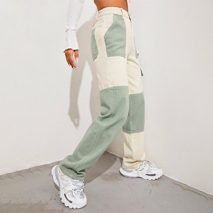 High Waist Color Block Cargo Jeans