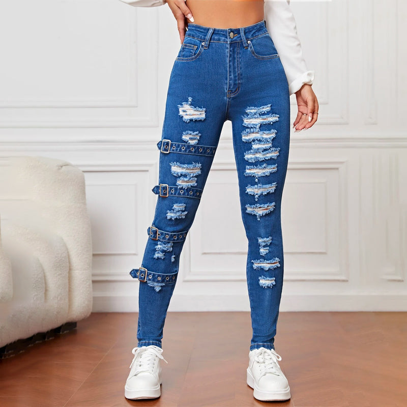 High Waist Ripped Eyelet Buckled Detail Skinny Jeans