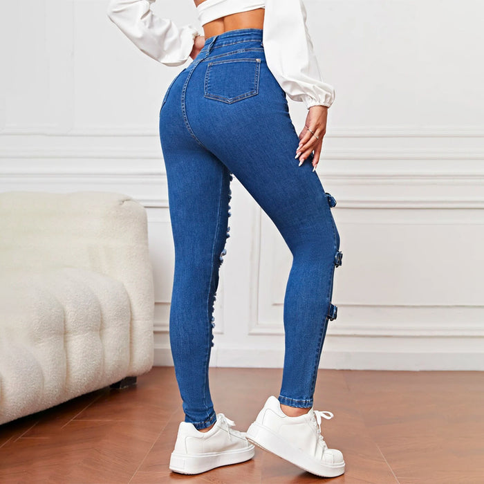 High Waist Ripped Eyelet Buckled Detail Skinny Jeans