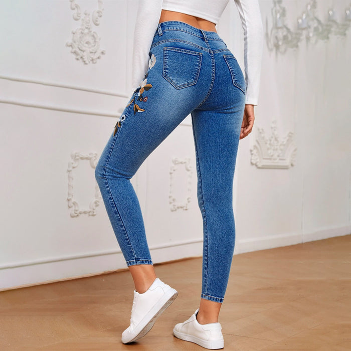 Floral Embroidery Skinny Jeans