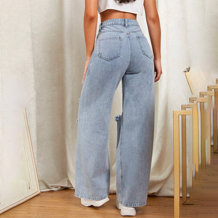 Zipper Fly Ripped Detail Wide Leg Jeans