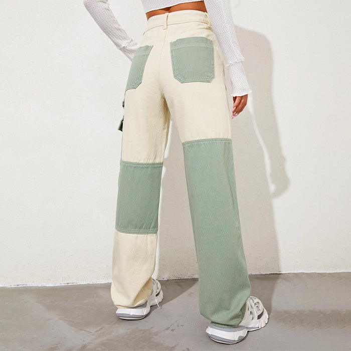 High Waist Color Block Cargo Jeans