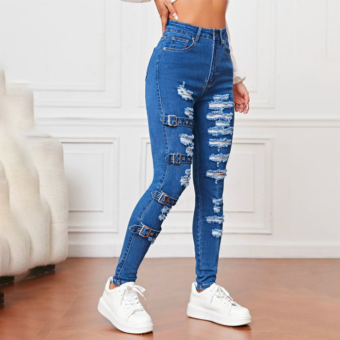 High Waist Ripped Eyelet Buckled Detail Skinny Jeans