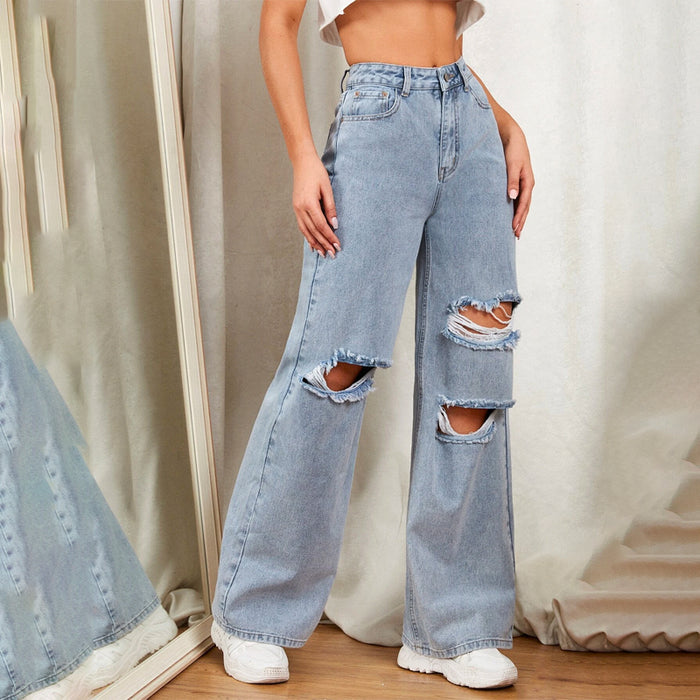 Zipper Fly Ripped Detail Wide Leg Jeans