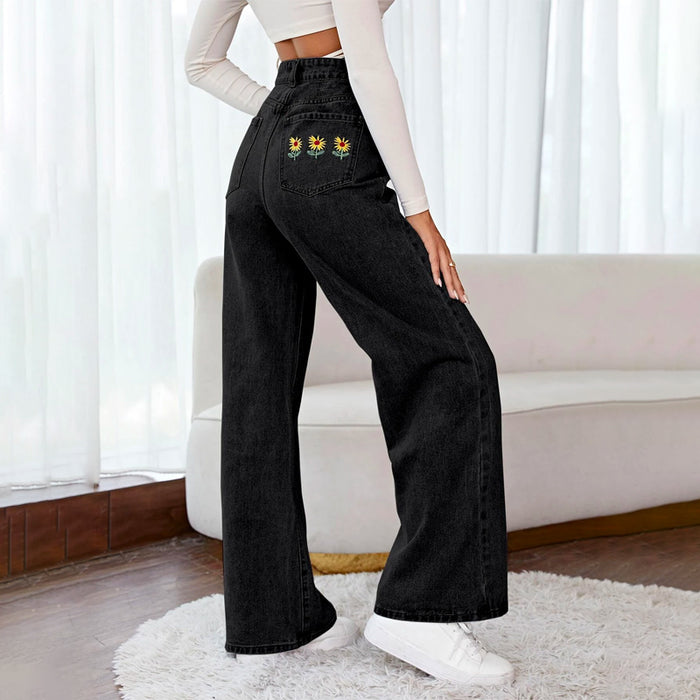 Floral Embroidery Wide Leg Jeans