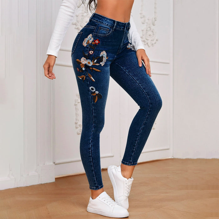 Floral Embroidery Skinny Jeans