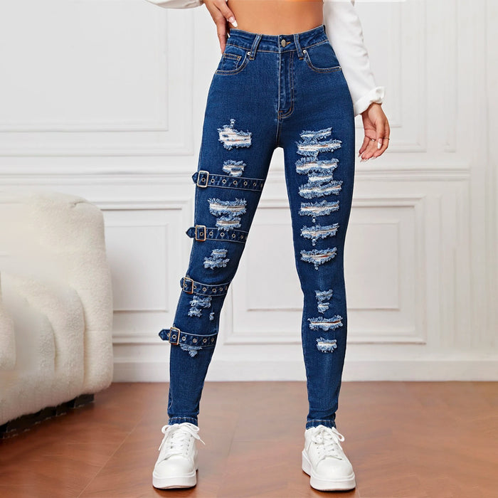 High Waist Ripped Eyelet Buckled Detail Skinny Jeans